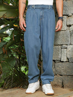 Campus Sutra Indigo Blue Mid-Wash Pleated Denim Jeans