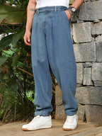 Campus Sutra Indigo Blue Mid-Wash Pleated Denim Jeans