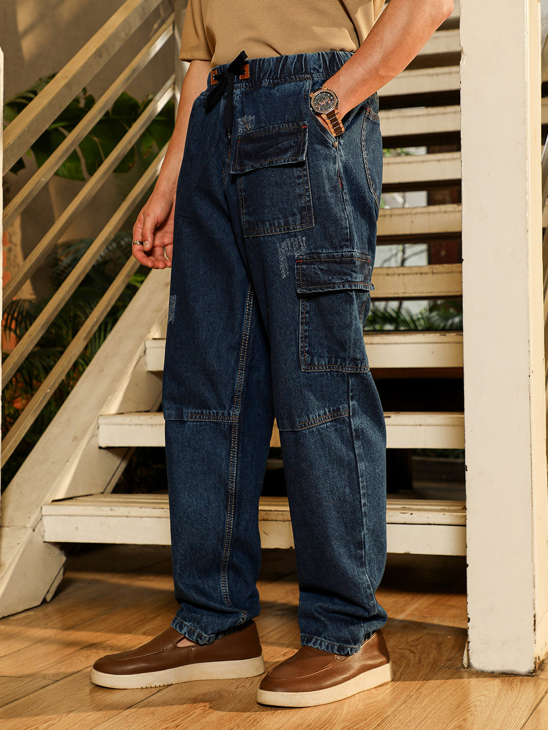 Campus Sutra Dark-Wash Utility Denim Jeans