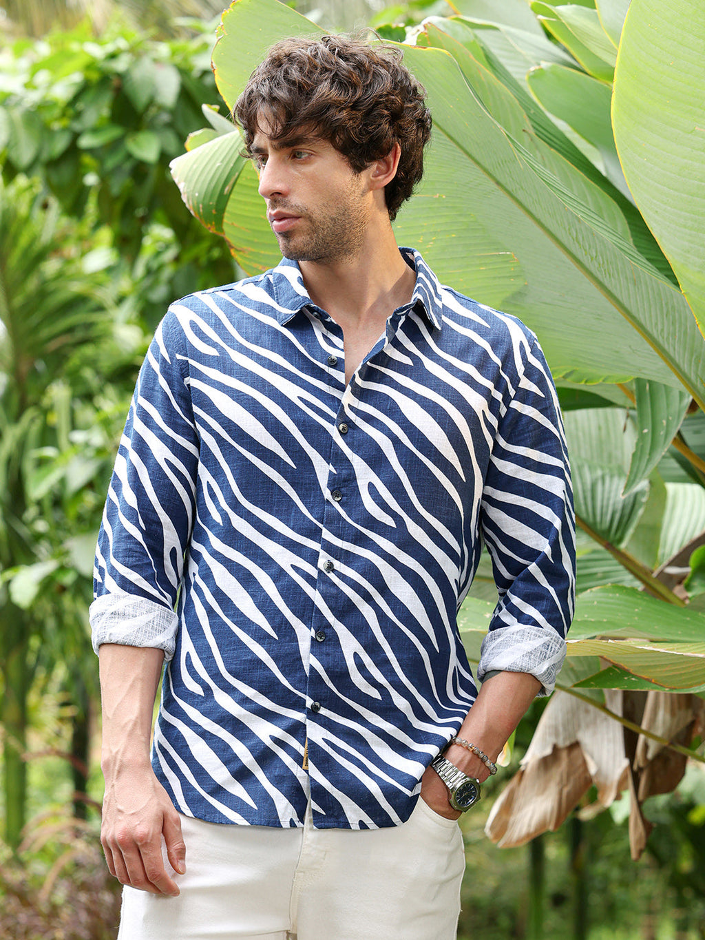Campus Sutra Contrast-Zebra Imprint Shirt