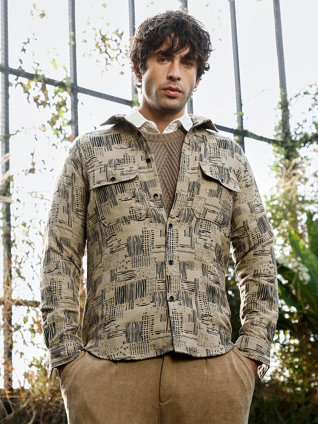Campus Sutra Scratch-Jacquard Utility Shirt