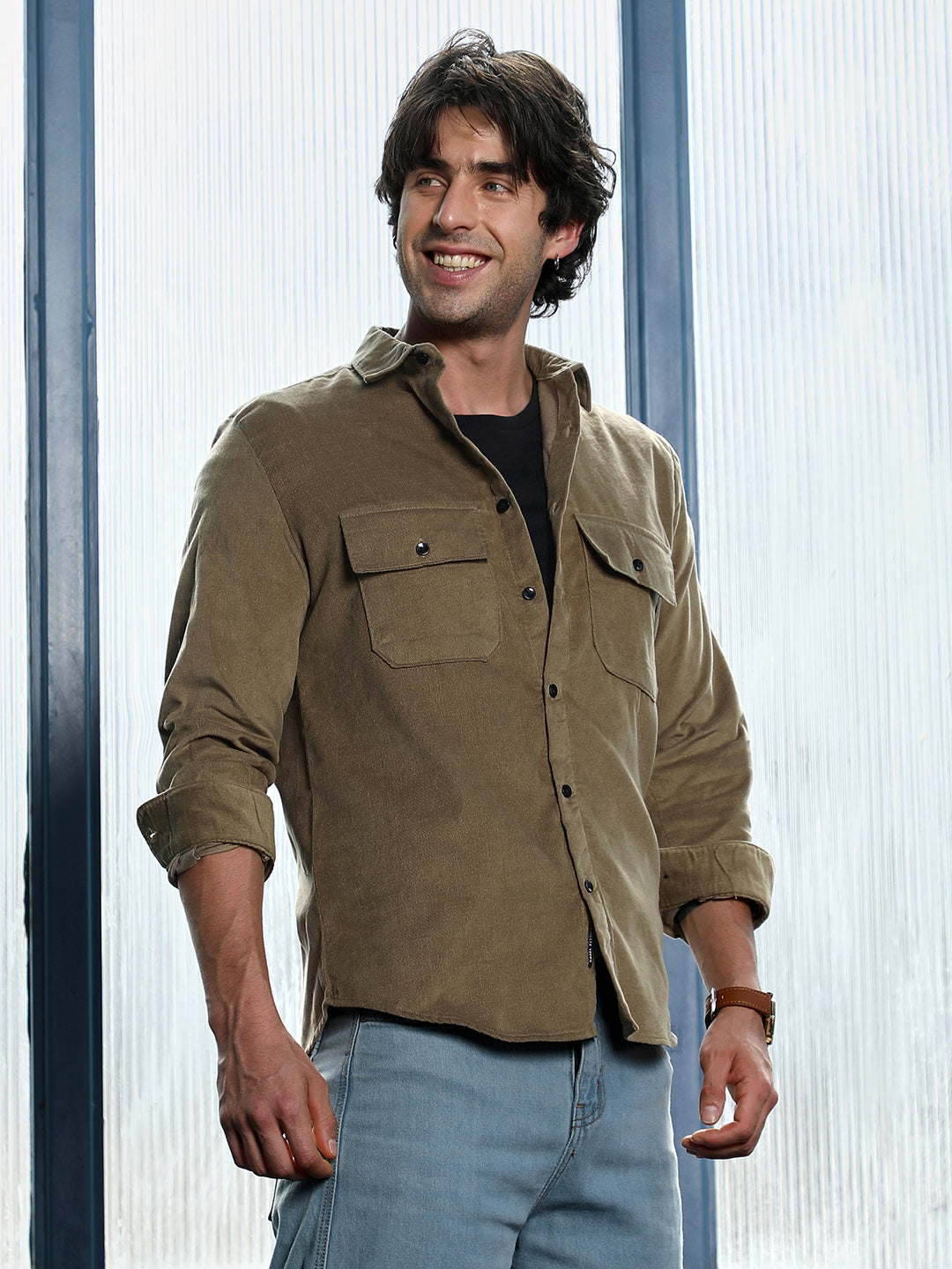 Campus Sutra Solid-Brushed Utility Shirt