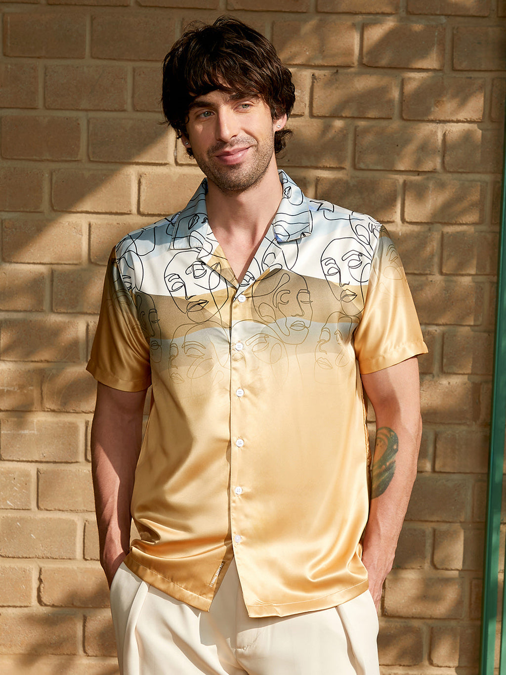 Campus Sutra Desert-Faces Satin Resort Shirt