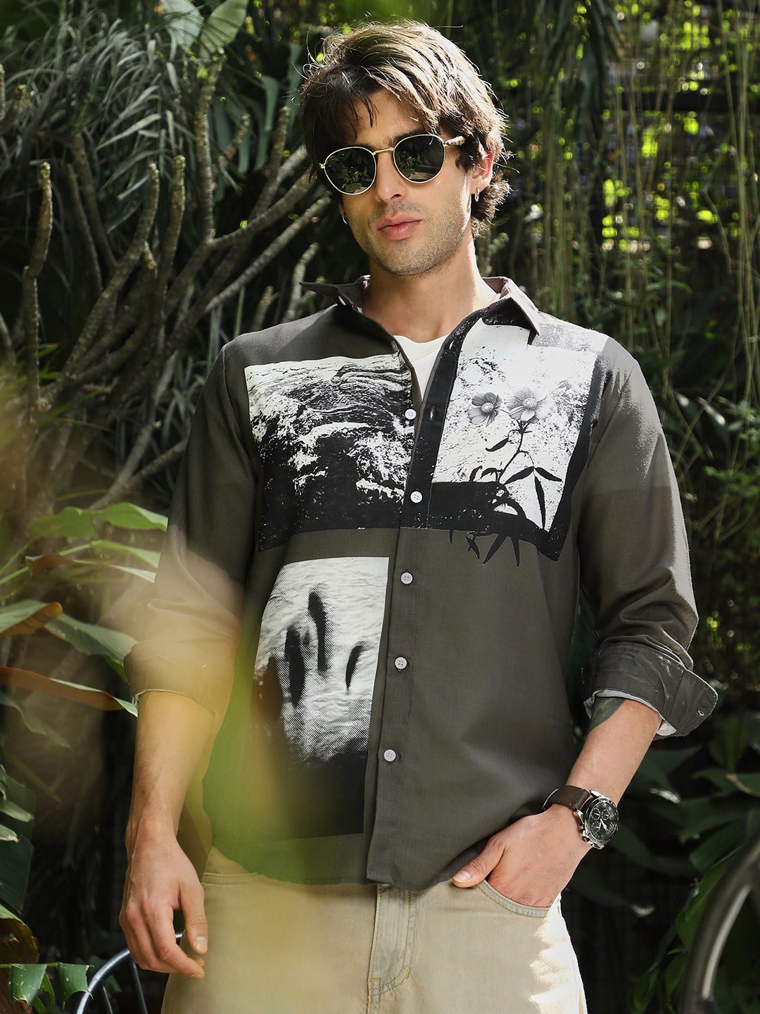 Campus Sutra Oceanic-Flora Imprint Shirt