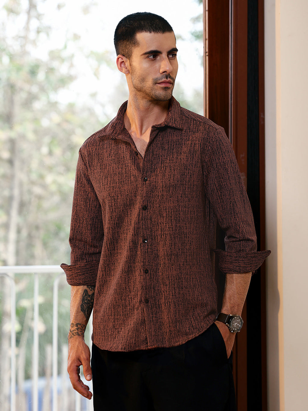 Campus Sutra Regular Fit Textured Casual Shirt