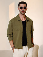 Campus Sutra Olive Green Textured Knit Casual Shirt