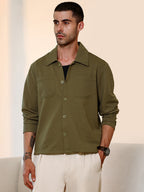 Campus Sutra Olive Green Textured Knit Casual Shirt