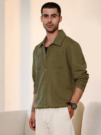 Campus Sutra Olive Green Textured Knit Casual Shirt