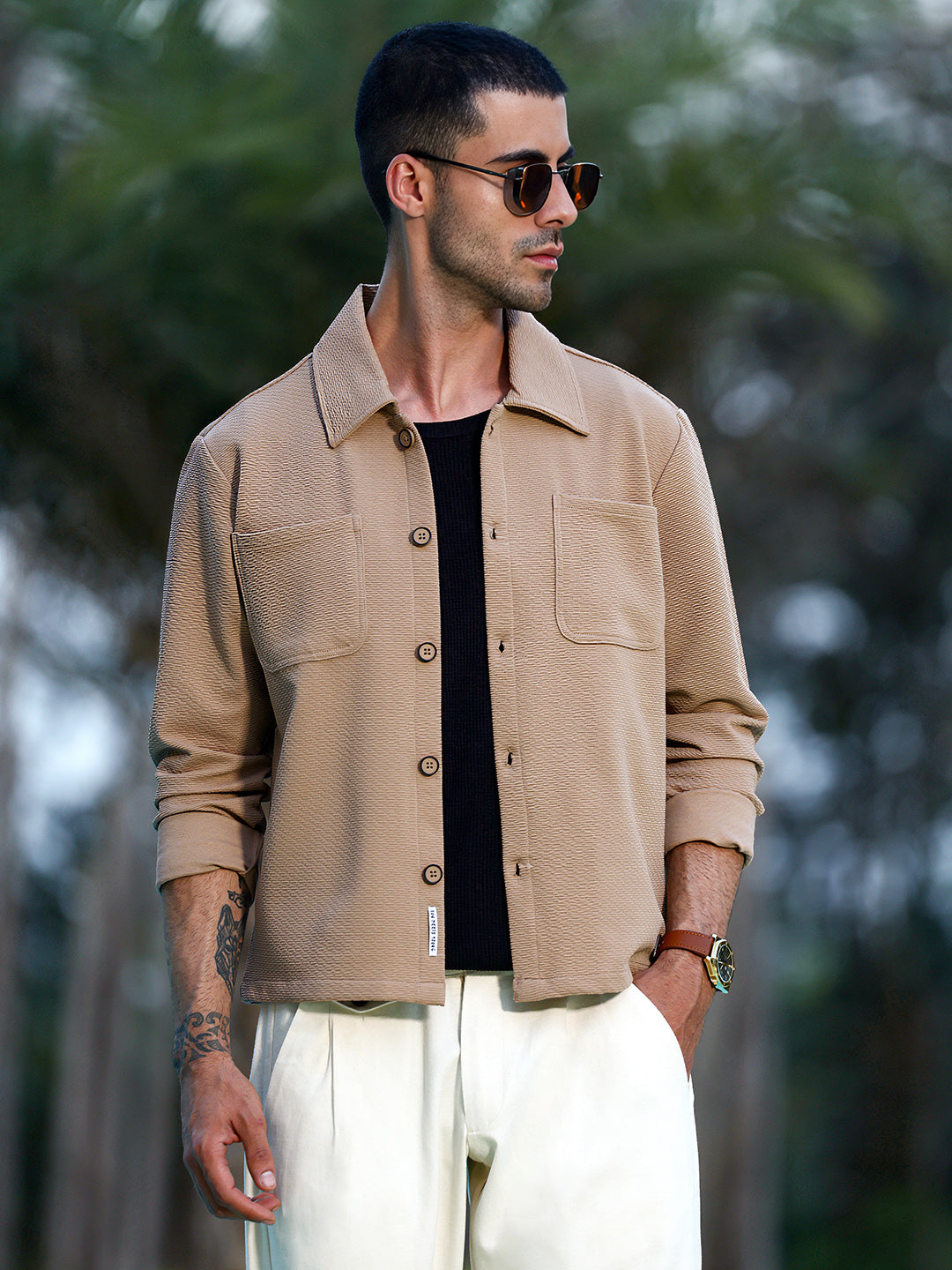 Campus Sutra Beige Textured Cotton Casual Overshirt