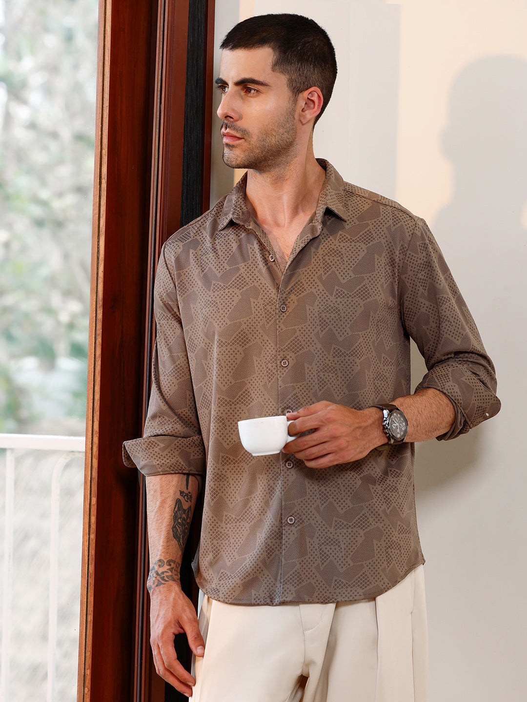 Campus Sutra Brown Geometric Print Cuban Collar Shirt