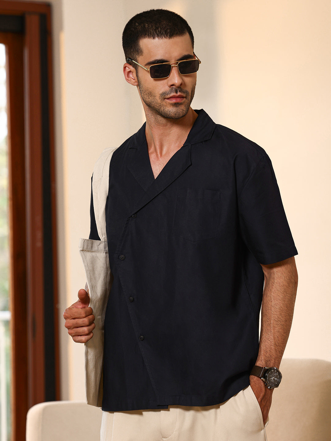 Campus Sutra Asymmetrical Placket Cuban Collar Shirt