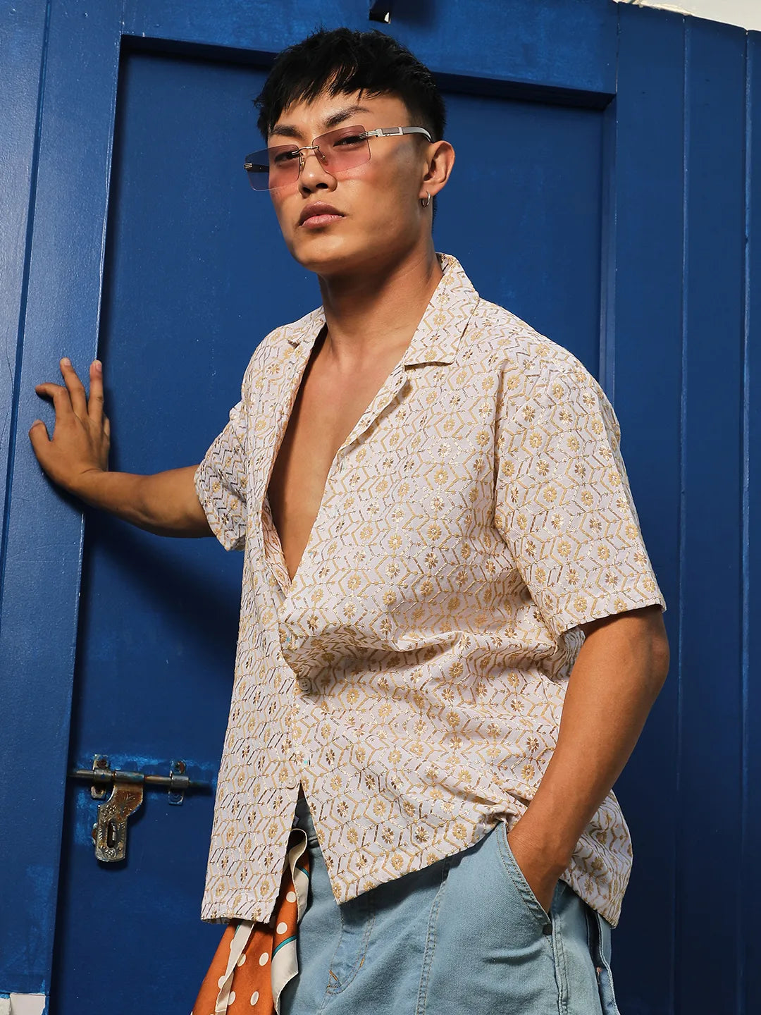 Campus Sutra Embroidered Geometric Shirt