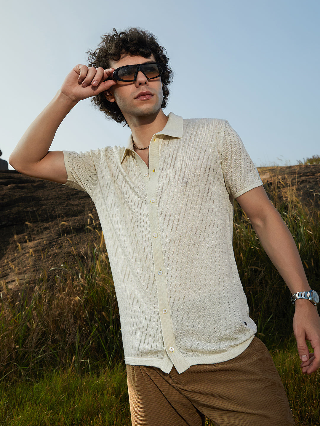 Campus Sutra Rhombus-Knit Polo Shirt