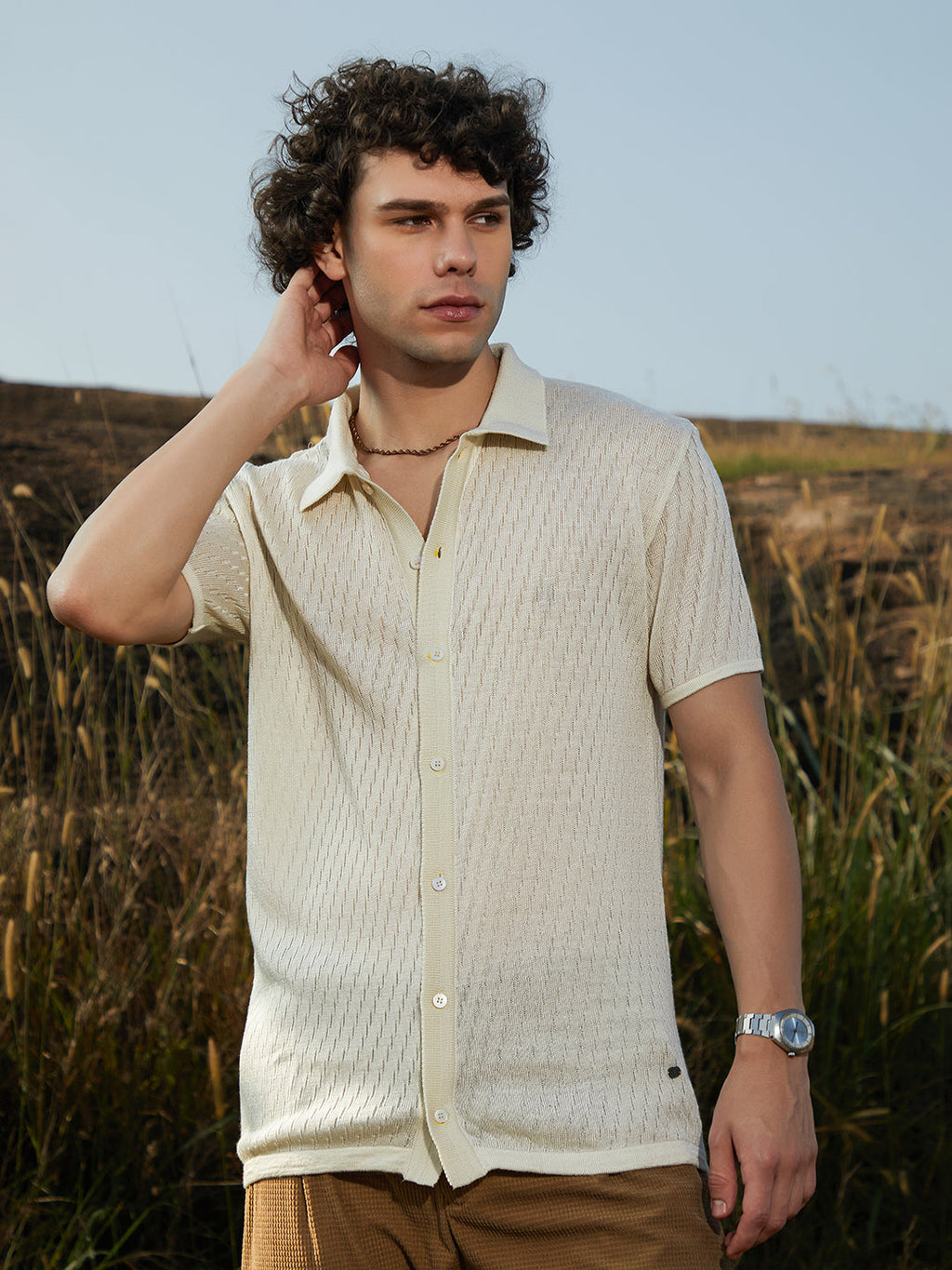 Campus Sutra Rhombus-Knit Polo Shirt