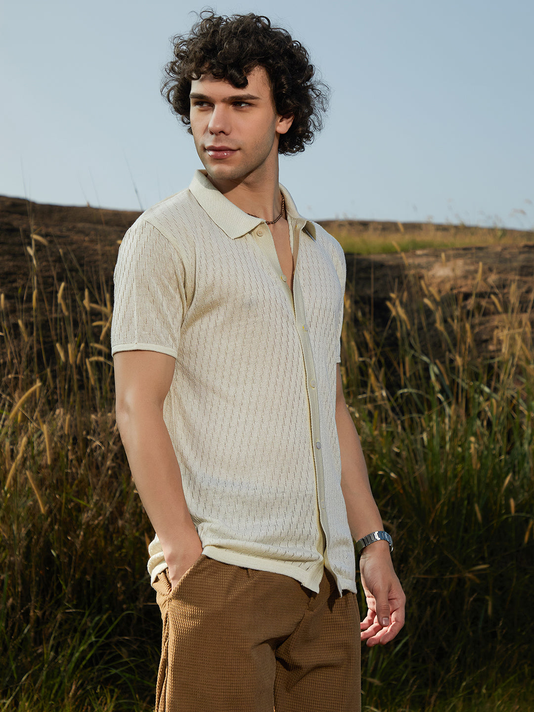 Campus Sutra Rhombus-Knit Polo Shirt