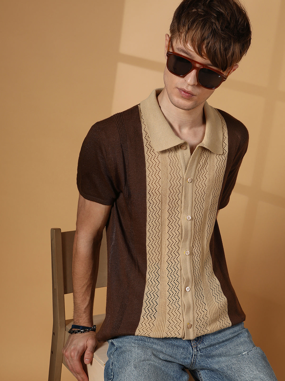 Campus Sutra Block-Knit Slim-Fit Shirt