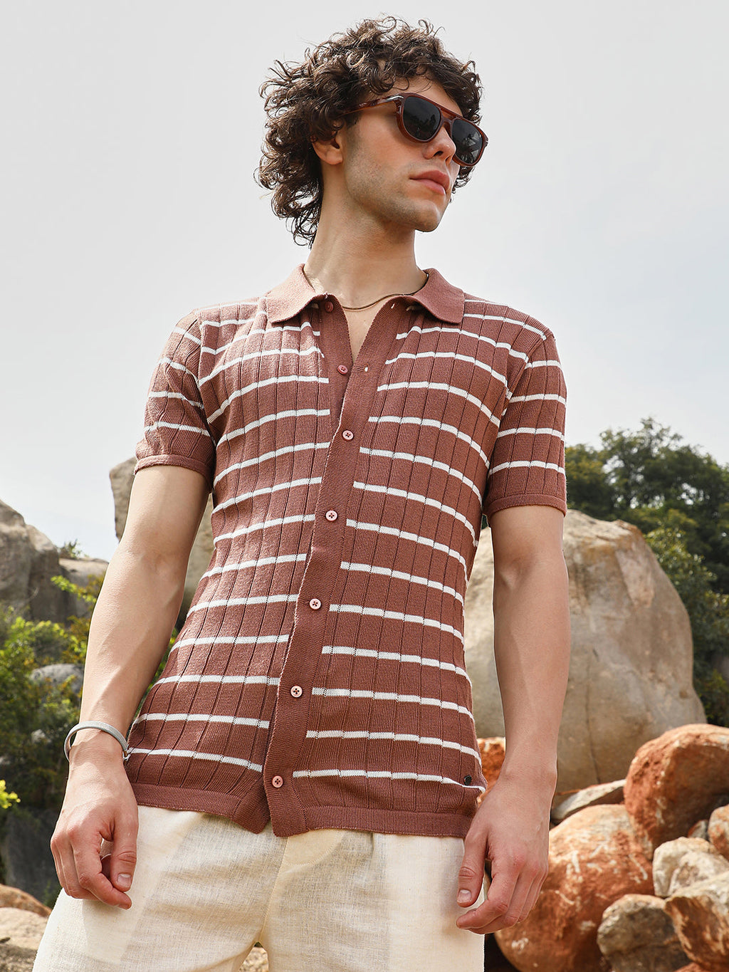Campus Sutra Horizontal-Striped Knit Shirt