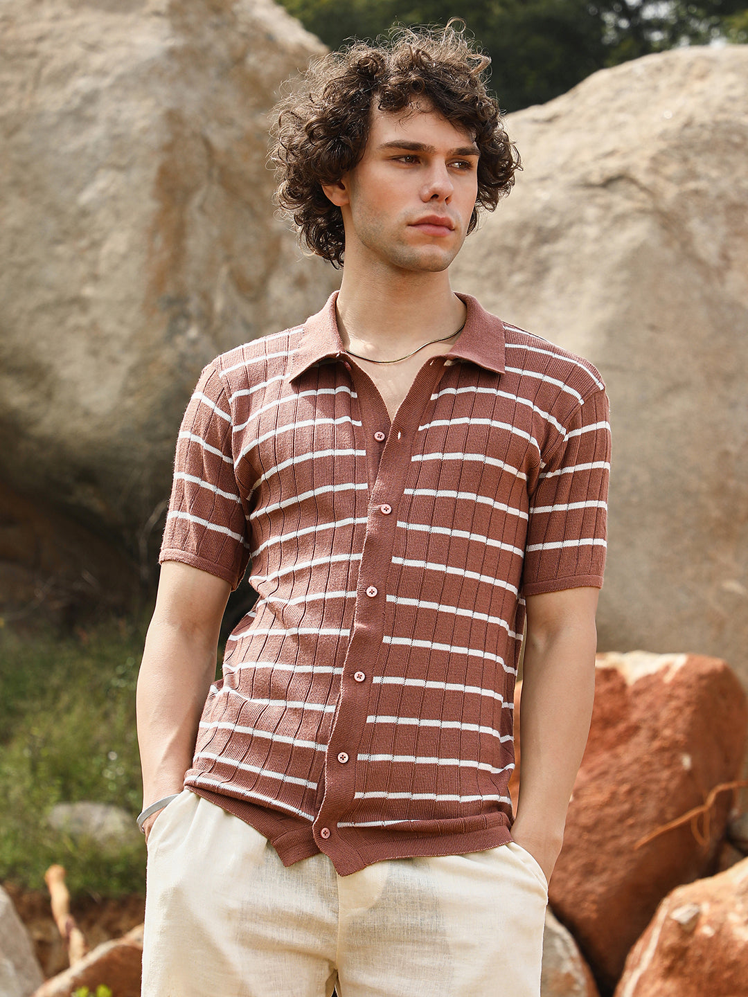 Campus Sutra Horizontal-Striped Knit Shirt