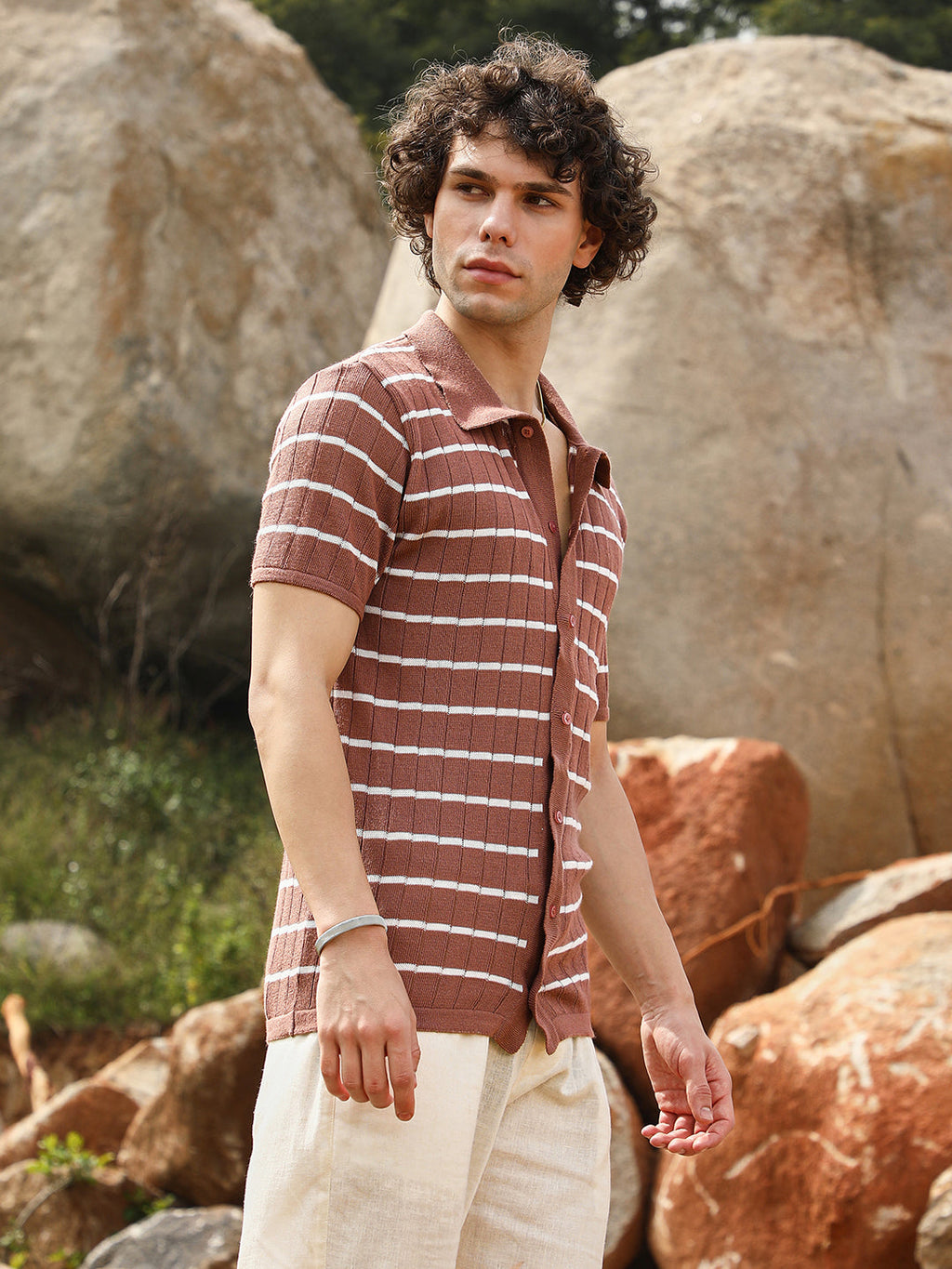 Campus Sutra Horizontal-Striped Knit Shirt