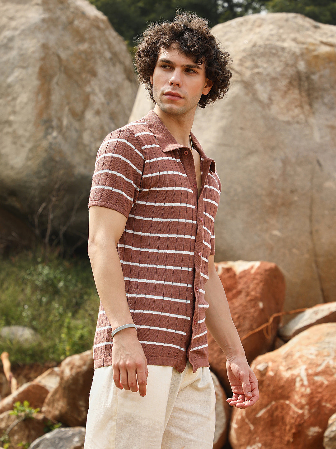 Campus Sutra Horizontal-Striped Knit Shirt