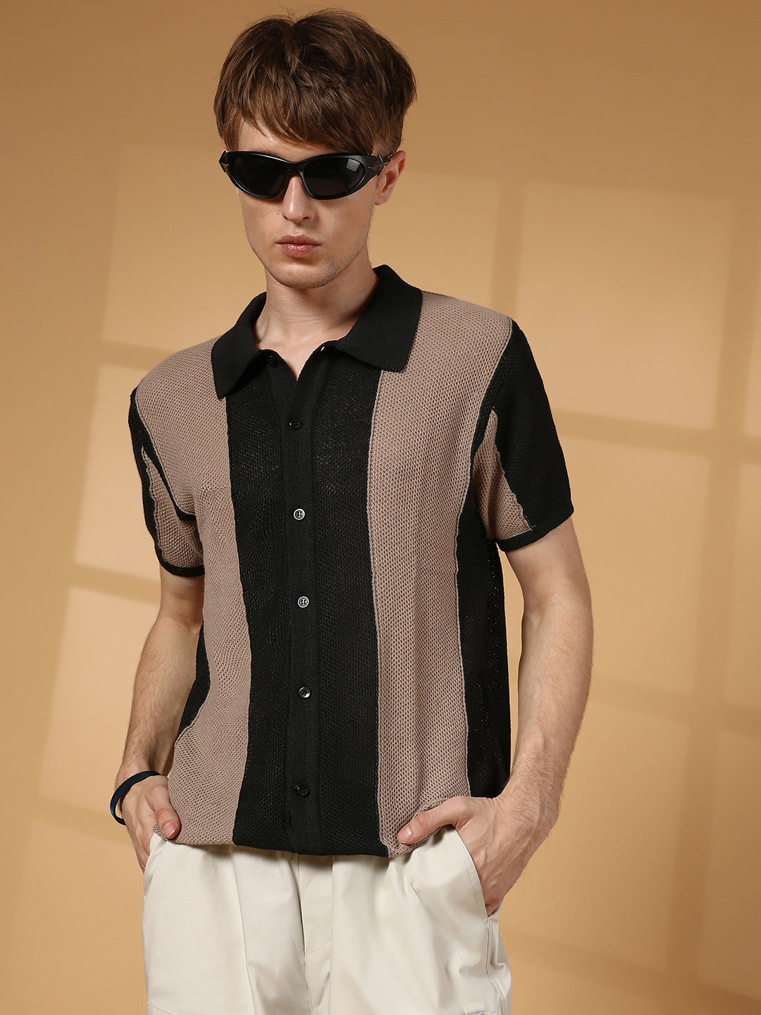 Campus Sutra Panel-Knit Slim-Fit Shirt