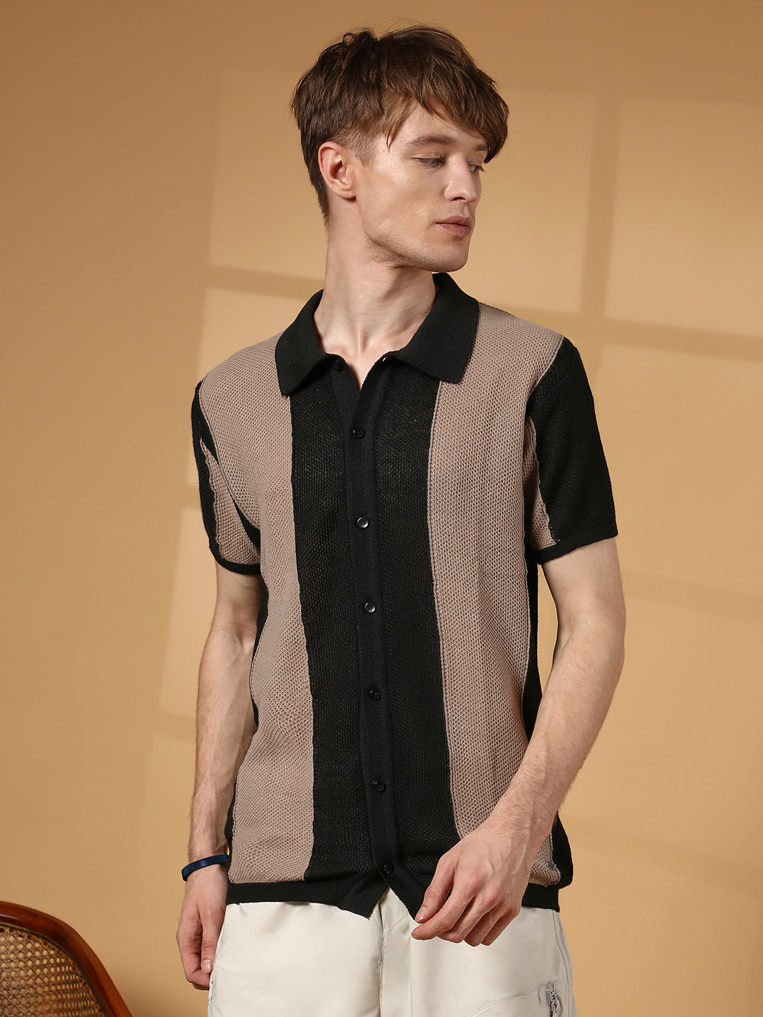 Campus Sutra Panel-Knit Slim-Fit Shirt