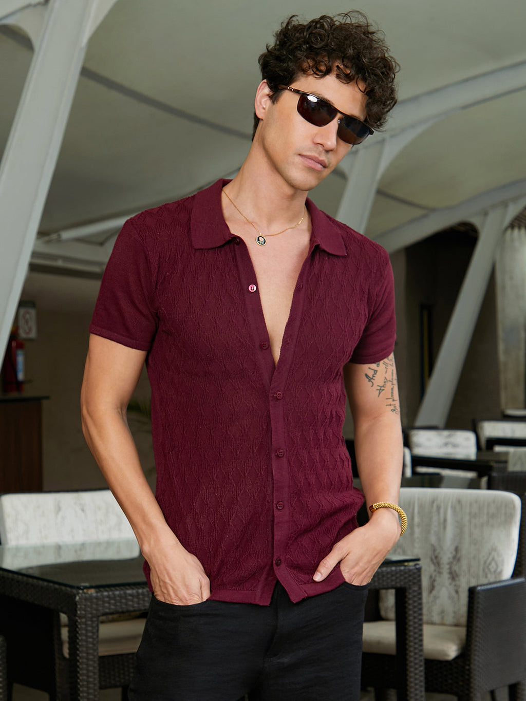 Campus Sutra Argyle-Knit Slim-Fit Shirt