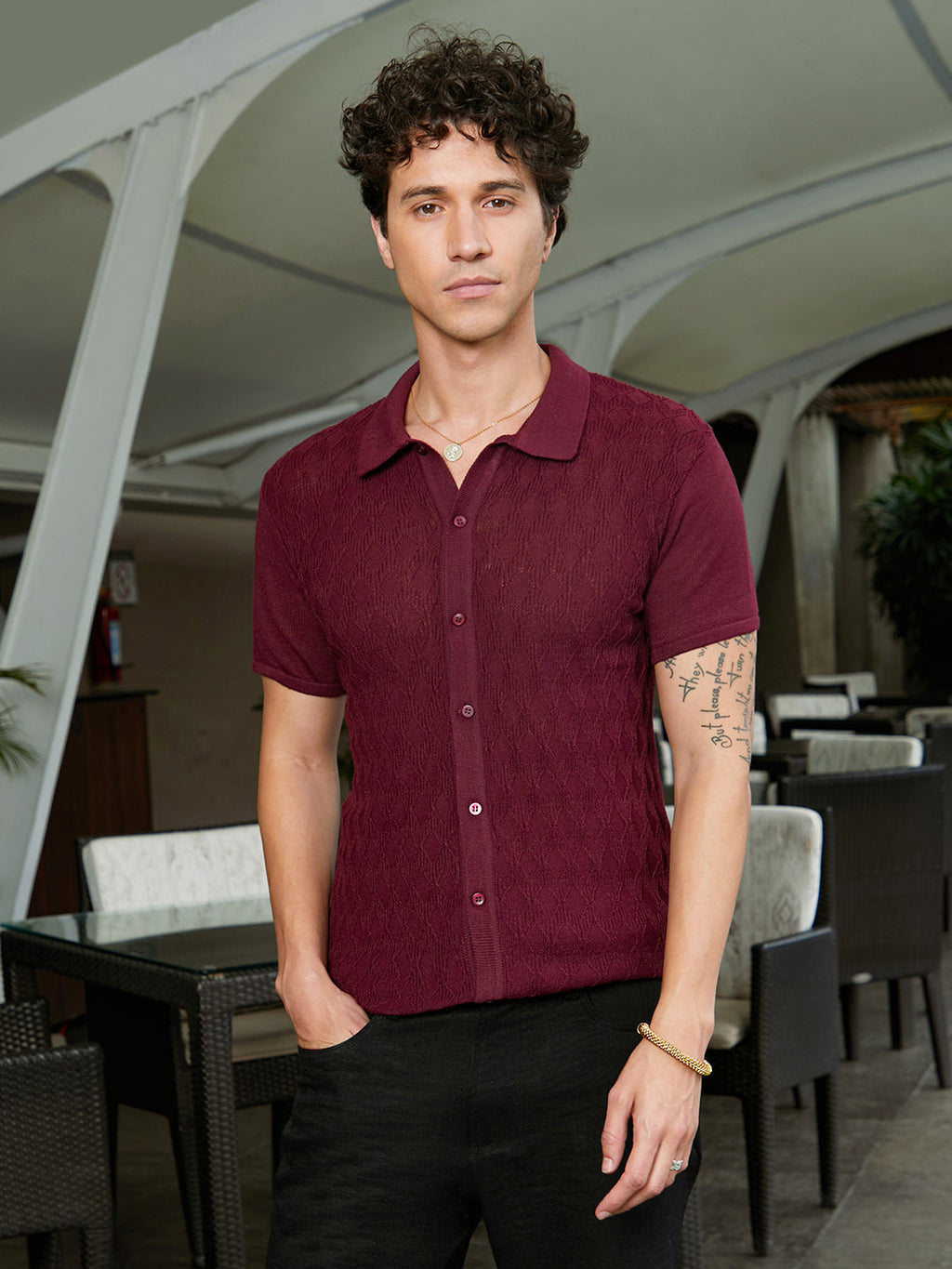 Campus Sutra Argyle-Knit Slim-Fit Shirt