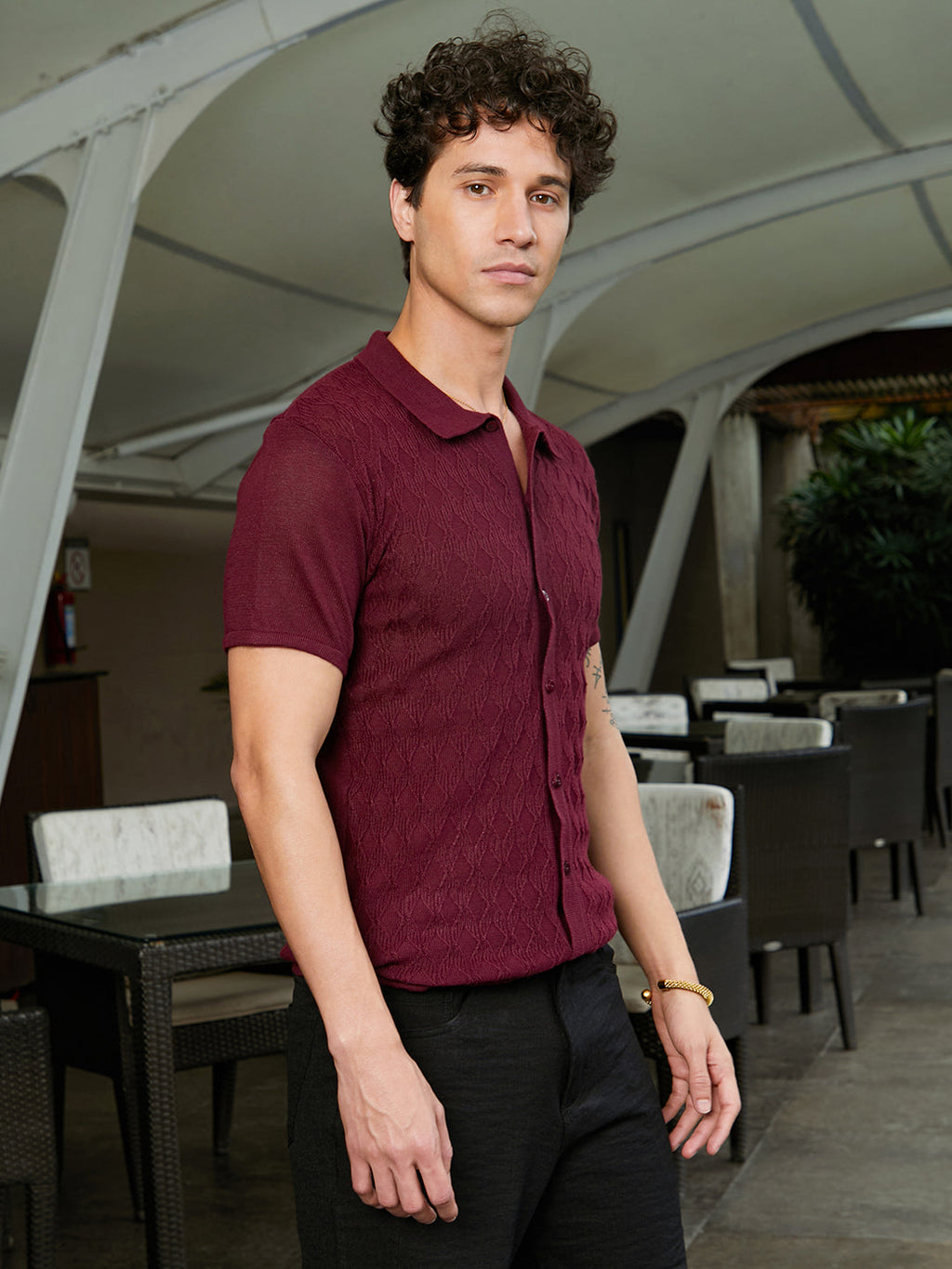 Campus Sutra Argyle-Knit Slim-Fit Shirt