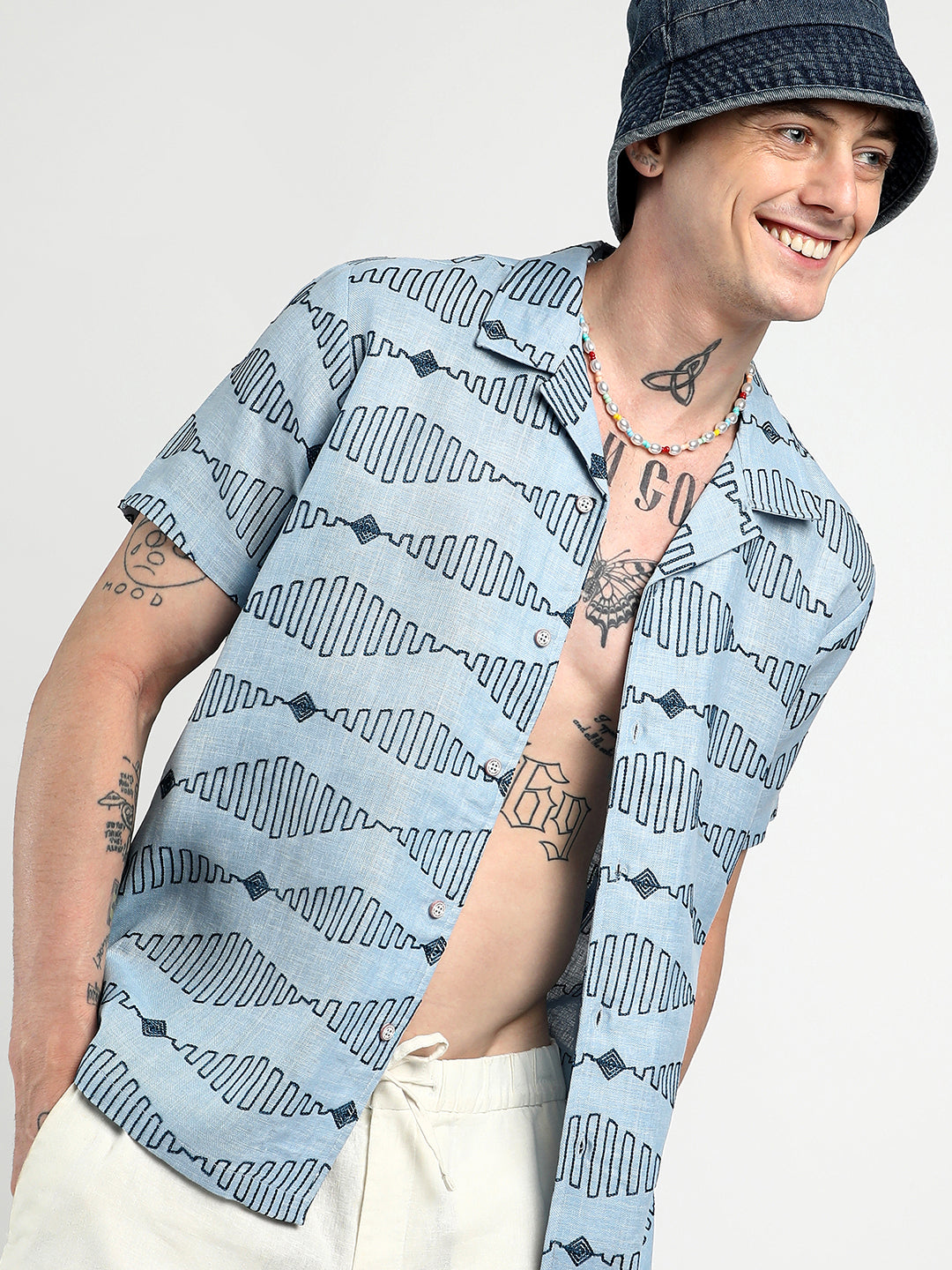 Campus Sutra Embroidered Geometric-Lined Shirt