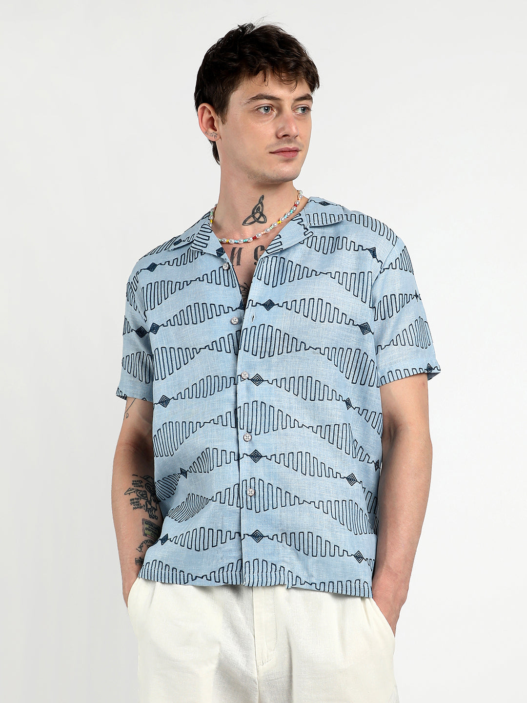 Campus Sutra Embroidered Geometric-Lined Shirt