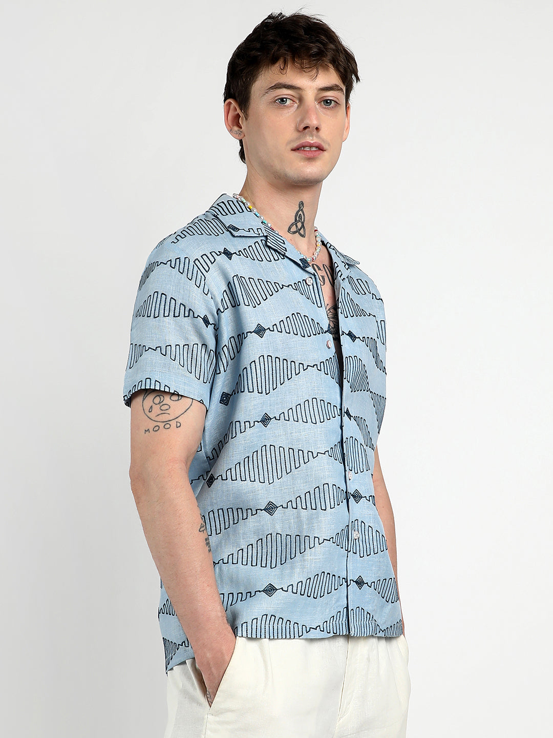 Campus Sutra Embroidered Geometric-Lined Shirt