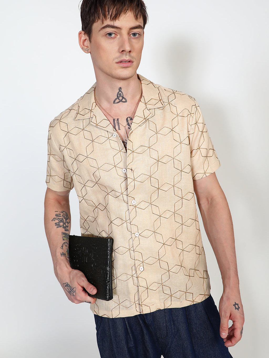 Campus Sutra Embroidered Geometric-Lined Shirt
