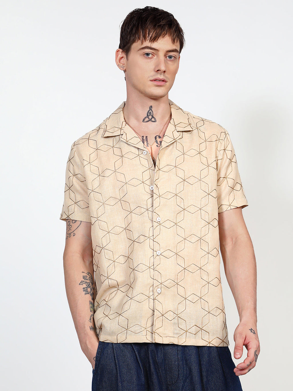 Campus Sutra Embroidered Geometric-Lined Shirt