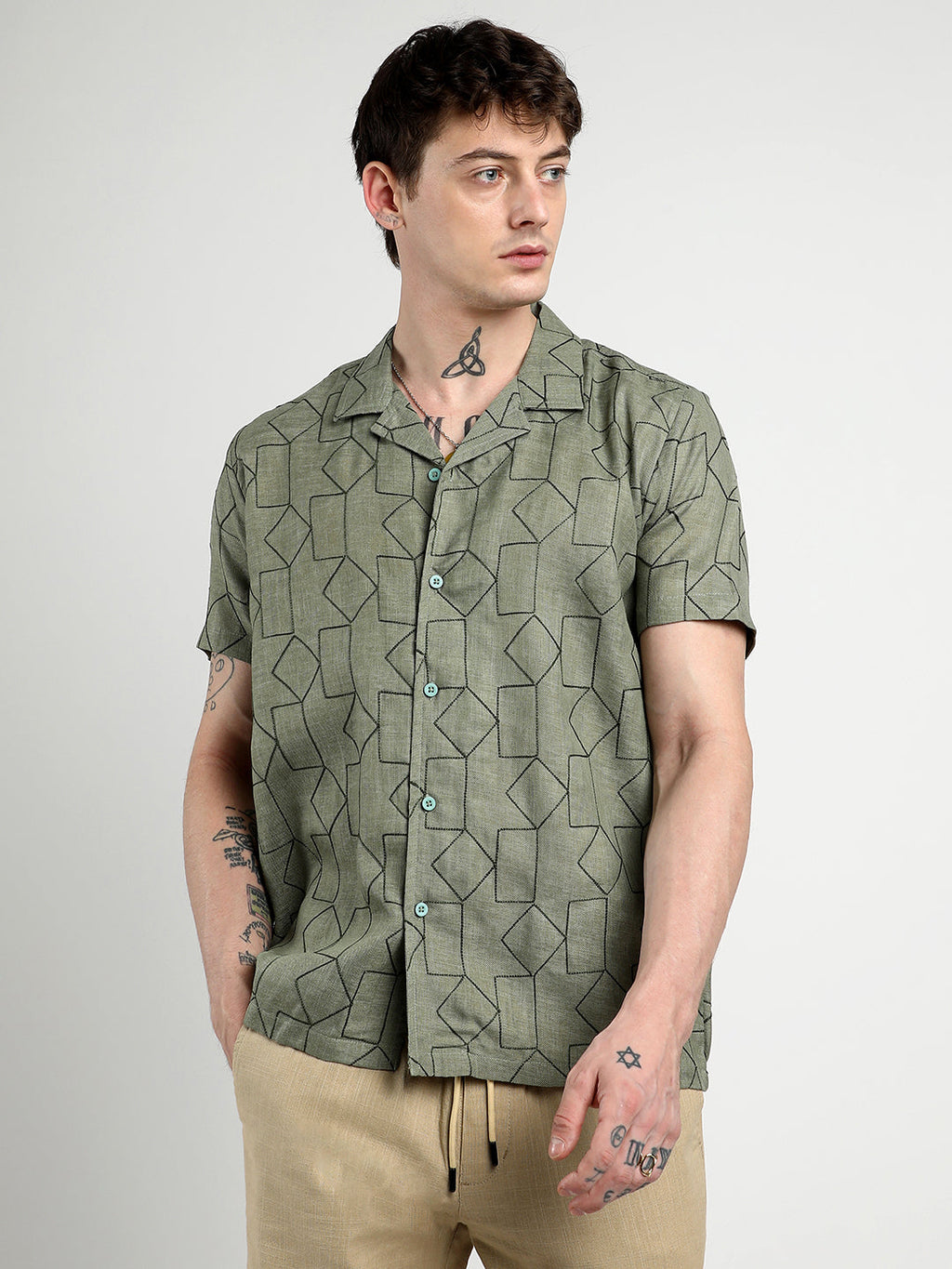 Campus Sutra Embroidered Geometric-Lined Shirt