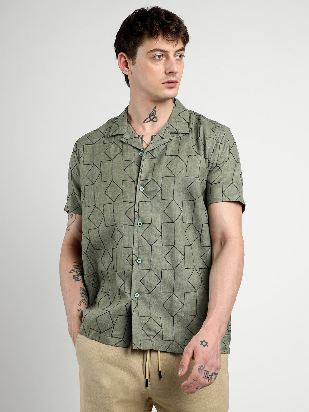 Campus Sutra Embroidered Geometric-Lined Shirt