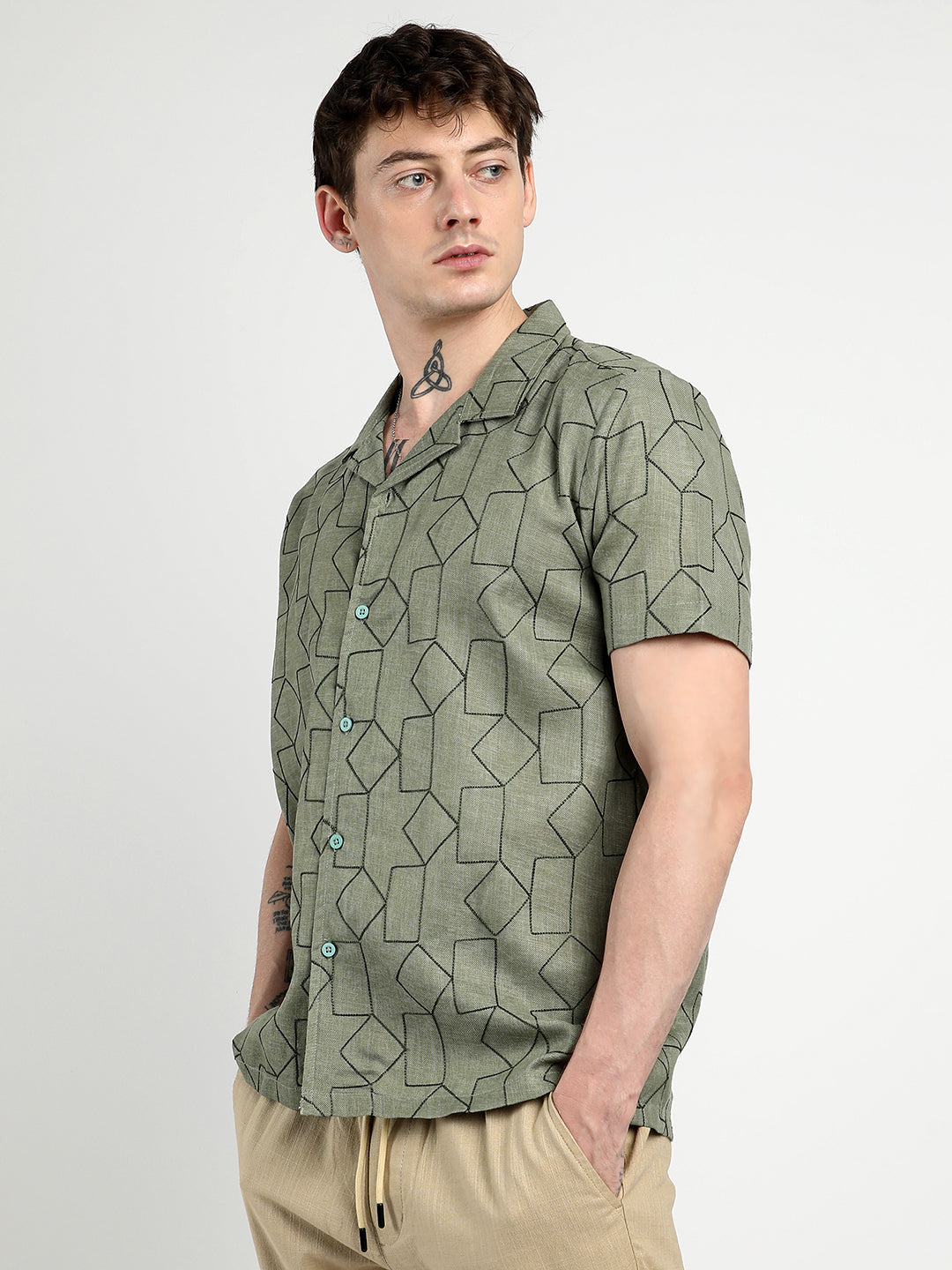 Campus Sutra Embroidered Geometric-Lined Shirt