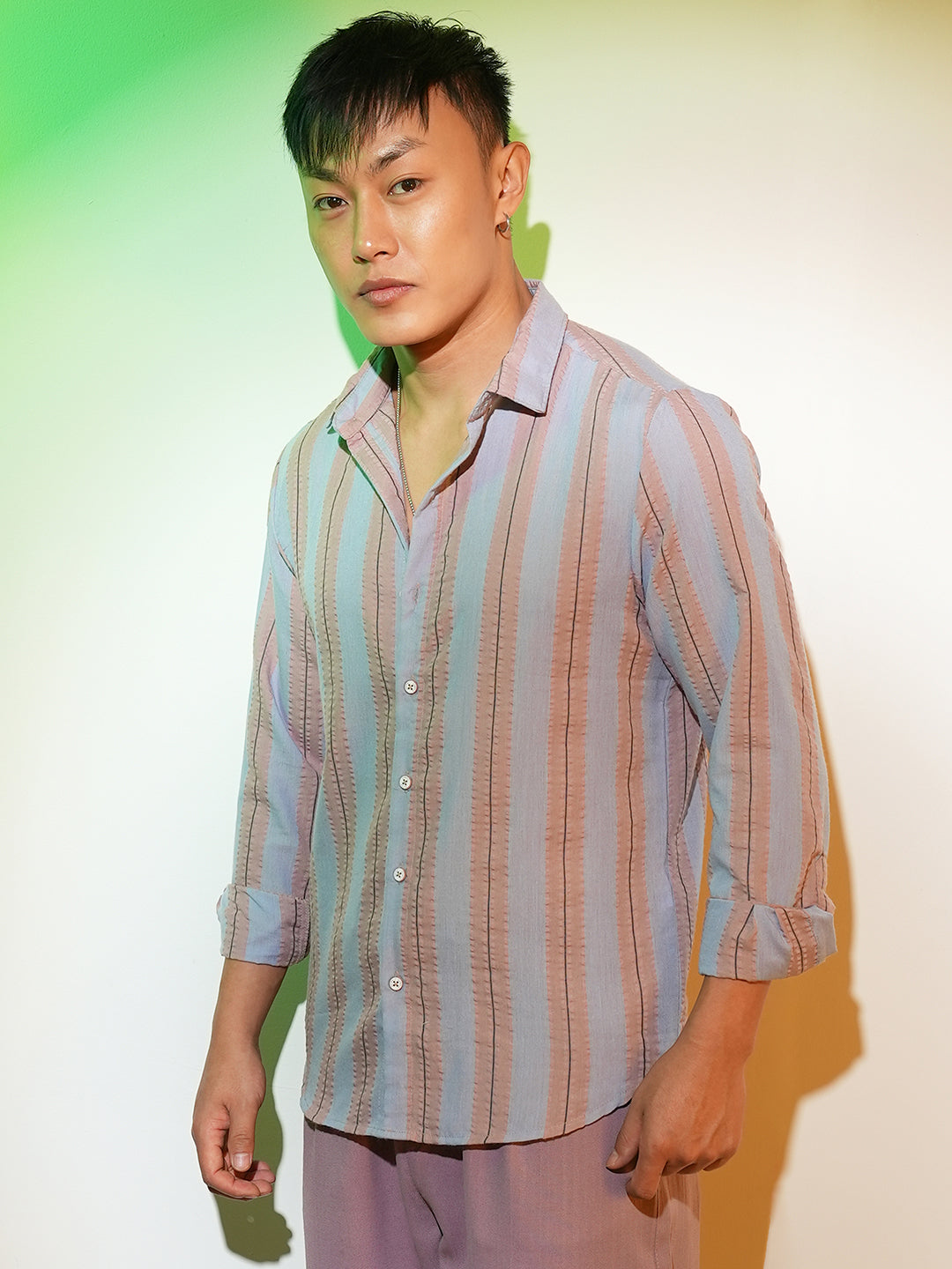 Campus Sutra Striped Seersucker Shirt