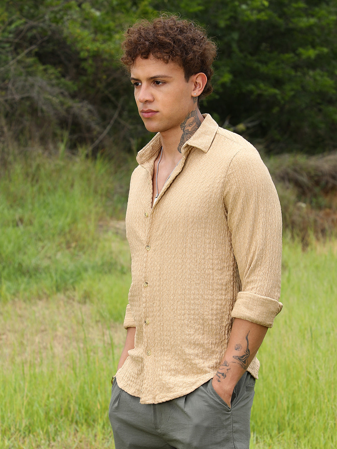 Campus Sutra Micro Hexagon-Lined Shirt