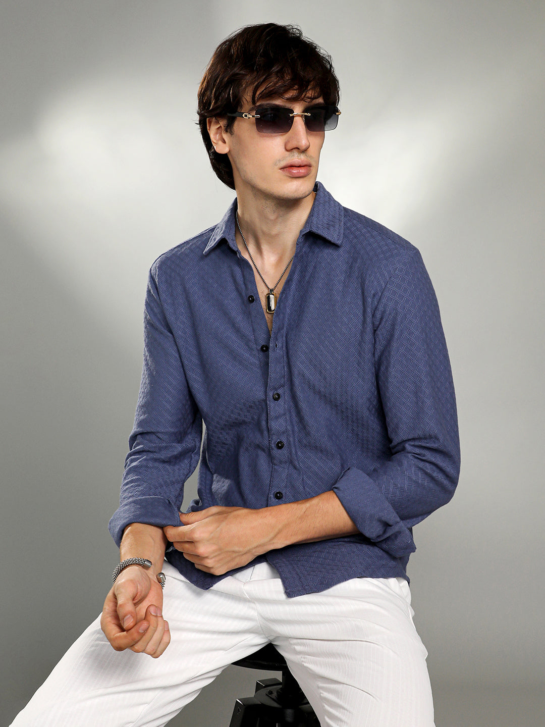Campus Sutra Geometric-Weave Textured Shirt