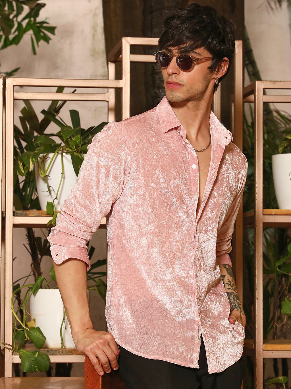 Campus Sutra Solid Velvet Shirt
