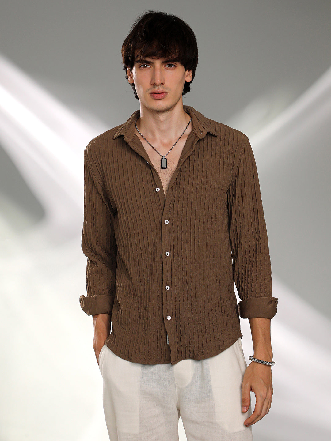 Campus Sutra Crease-Stripe Textured Shirt