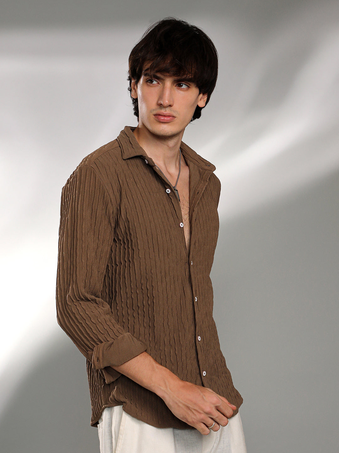 Campus Sutra Crease-Stripe Textured Shirt