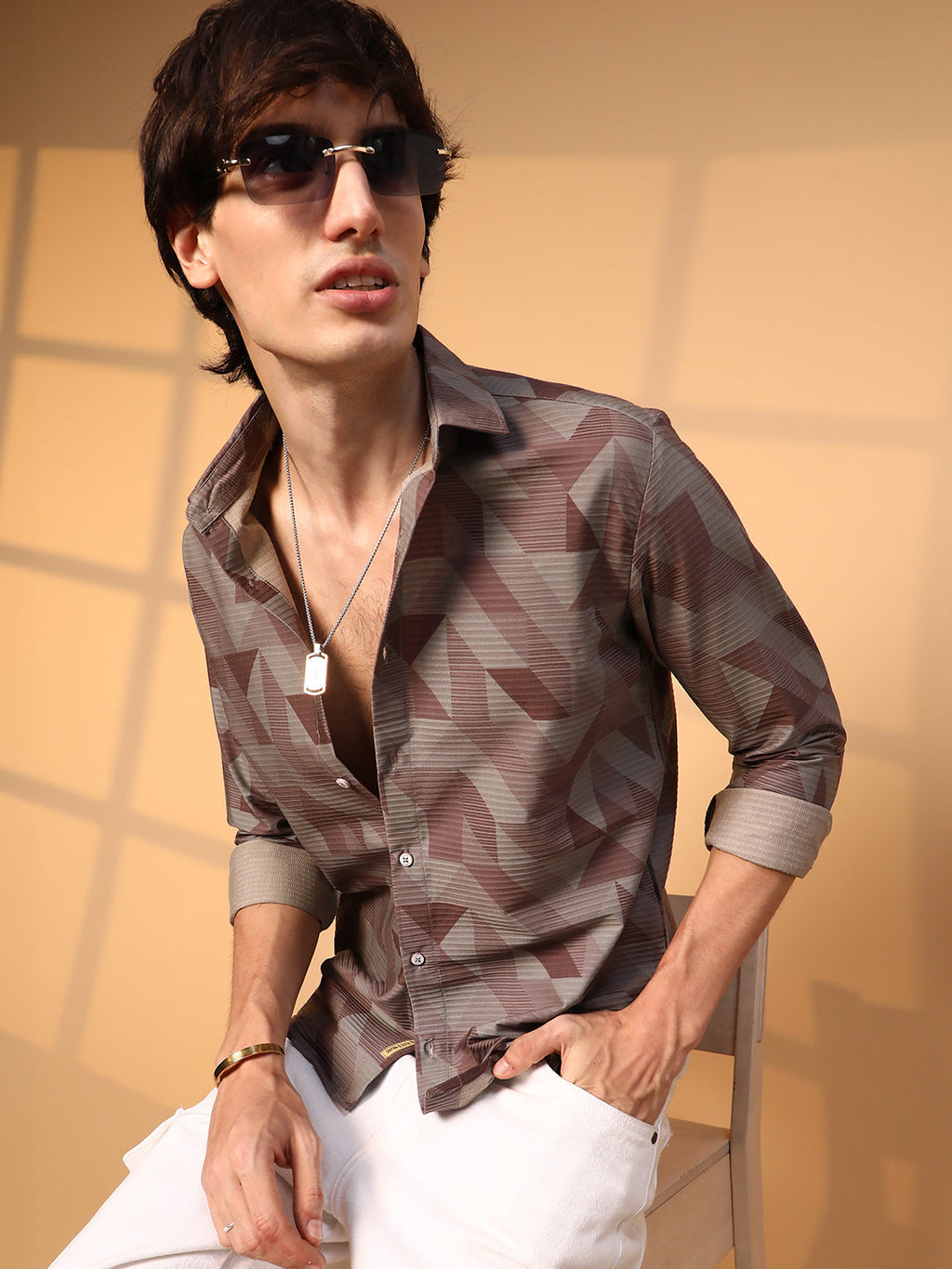 Campus Sutra Geometric Seersucker Shirt