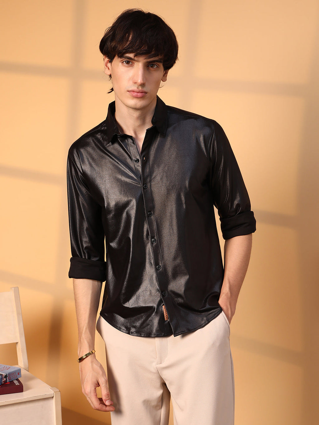 Campus Sutra Obsidian Black Solid Suede Shirt