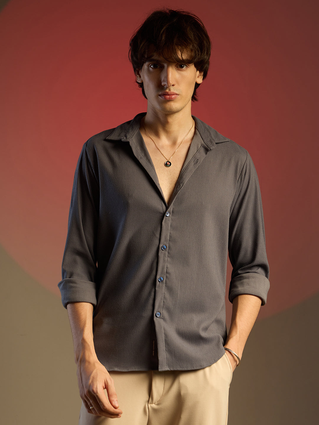 Campus Sutra Solid Seersucker Shirt