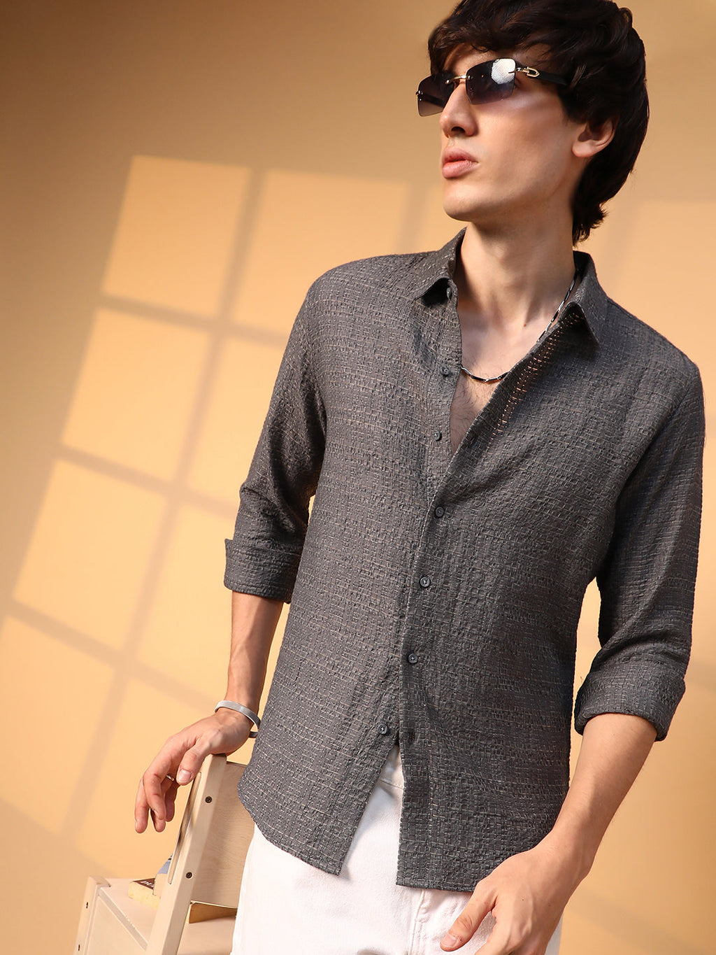 Campus Sutra Solid Textured Knit Shirt