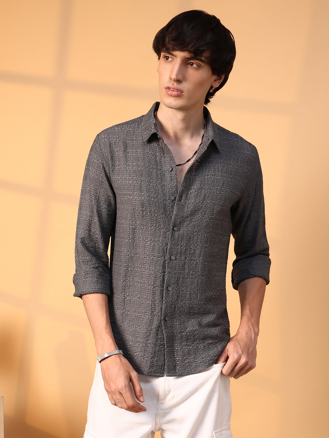Campus Sutra Solid Textured Knit Shirt