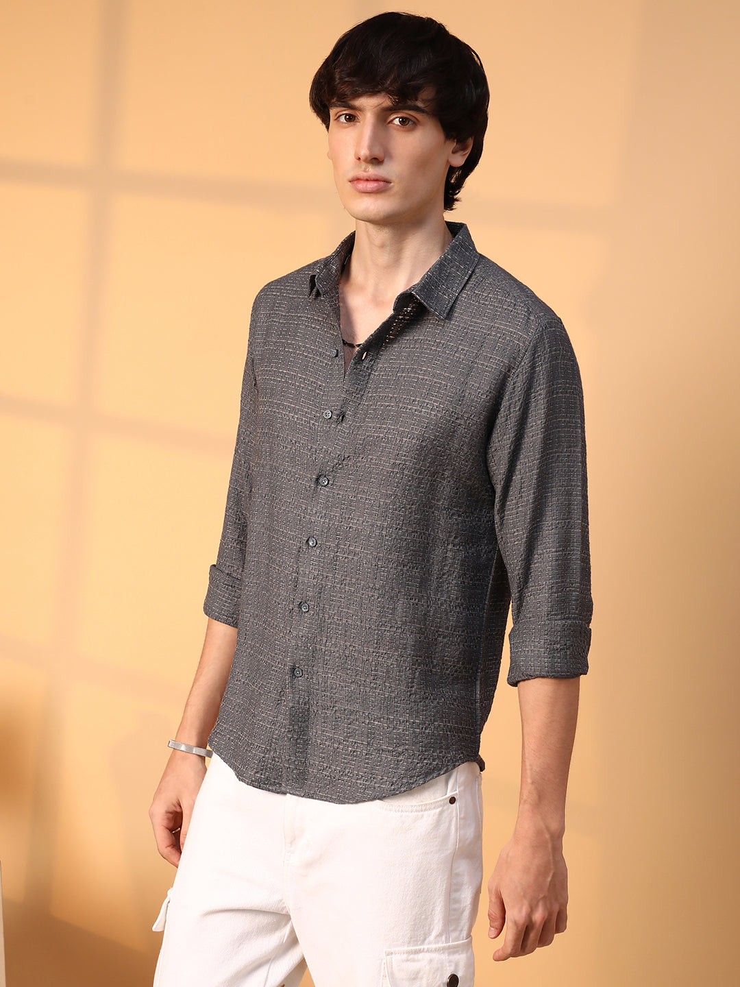 Campus Sutra Solid Textured Knit Shirt