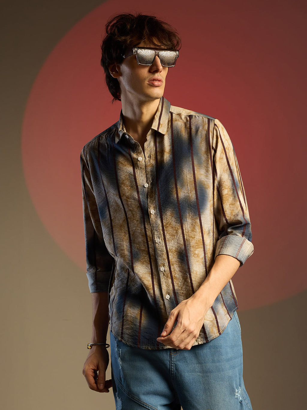 Campus Sutra Tie-Dye Striped Shirt